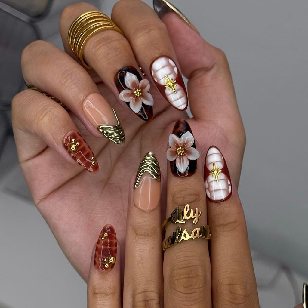 Autumn Press On Nails with Tortoise Shell, Gold & 3D Floral | Fake Nails in Medium Almond | Handmade Nail Art for Fall Parties Or Gifts