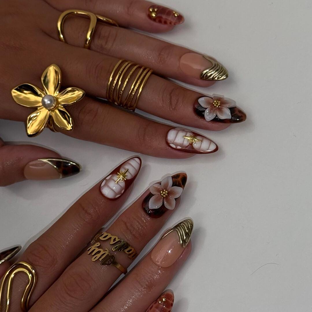 Autumn Press On Nails with Tortoise Shell, Gold & 3D Floral | Fake Nails in Medium Almond | Handmade Nail Art for Fall Parties Or Gifts