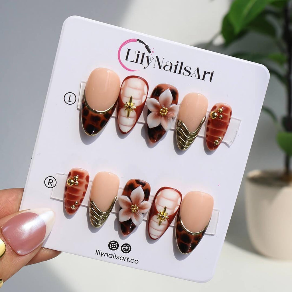 Autumn Press On Nails with Tortoise Shell, Gold & 3D Floral | Fake Nails in Medium Almond | Handmade Nail Art for Fall Parties Or Gifts