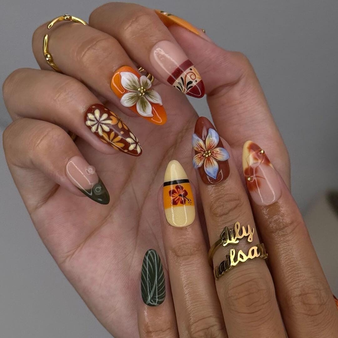 Fall Press On Nails with Tropical Flowers & Leaves | 3D Floral Fake Nails in Medium Almond | Handmade Nail Art for Fall Looks Or Parties