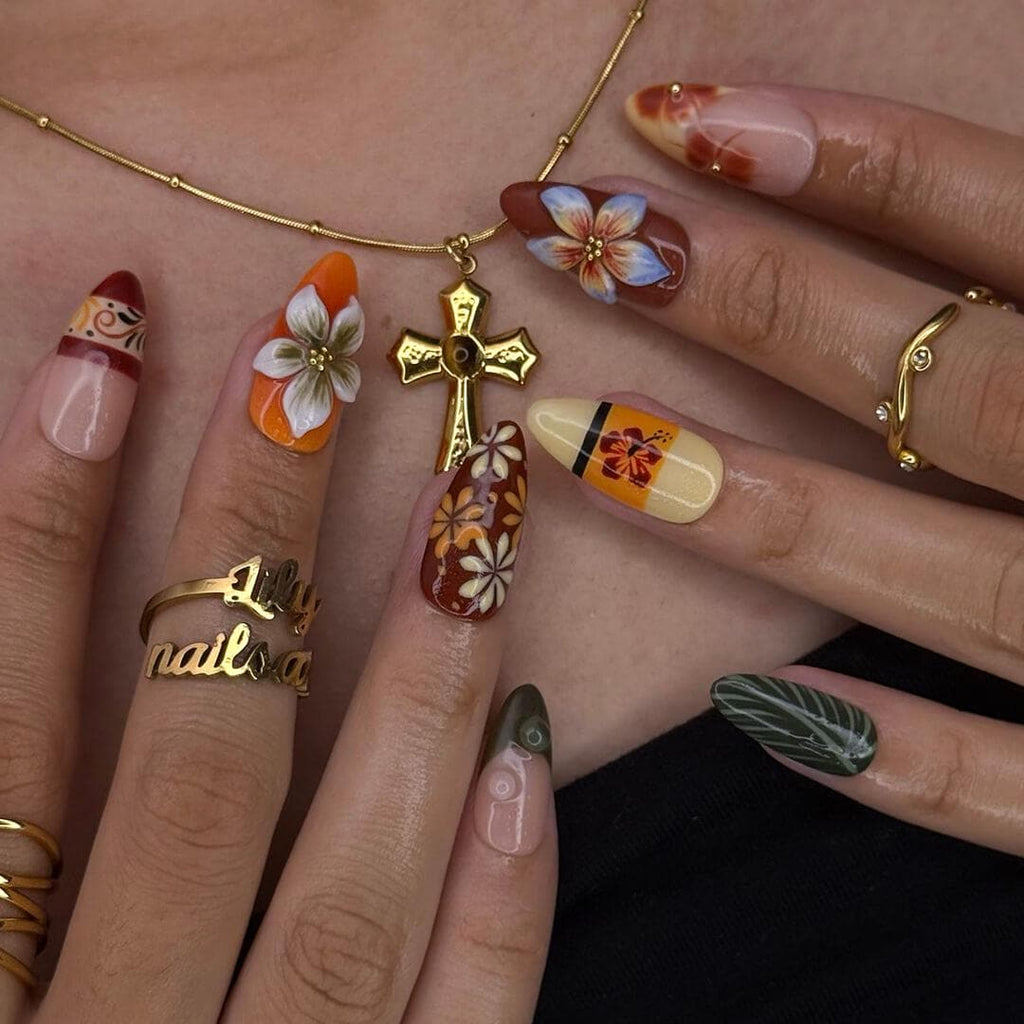 Fall Press On Nails with Tropical Flowers & Leaves | 3D Floral Fake Nails in Medium Almond | Handmade Nail Art for Fall Looks Or Parties
