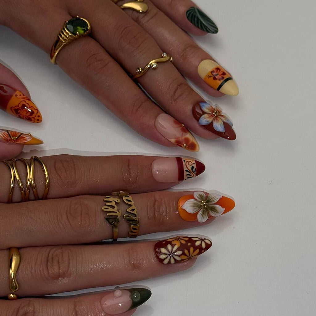 Fall Press On Nails with Tropical Flowers & Leaves | 3D Floral Fake Nails in Medium Almond | Handmade Nail Art for Fall Looks Or Parties