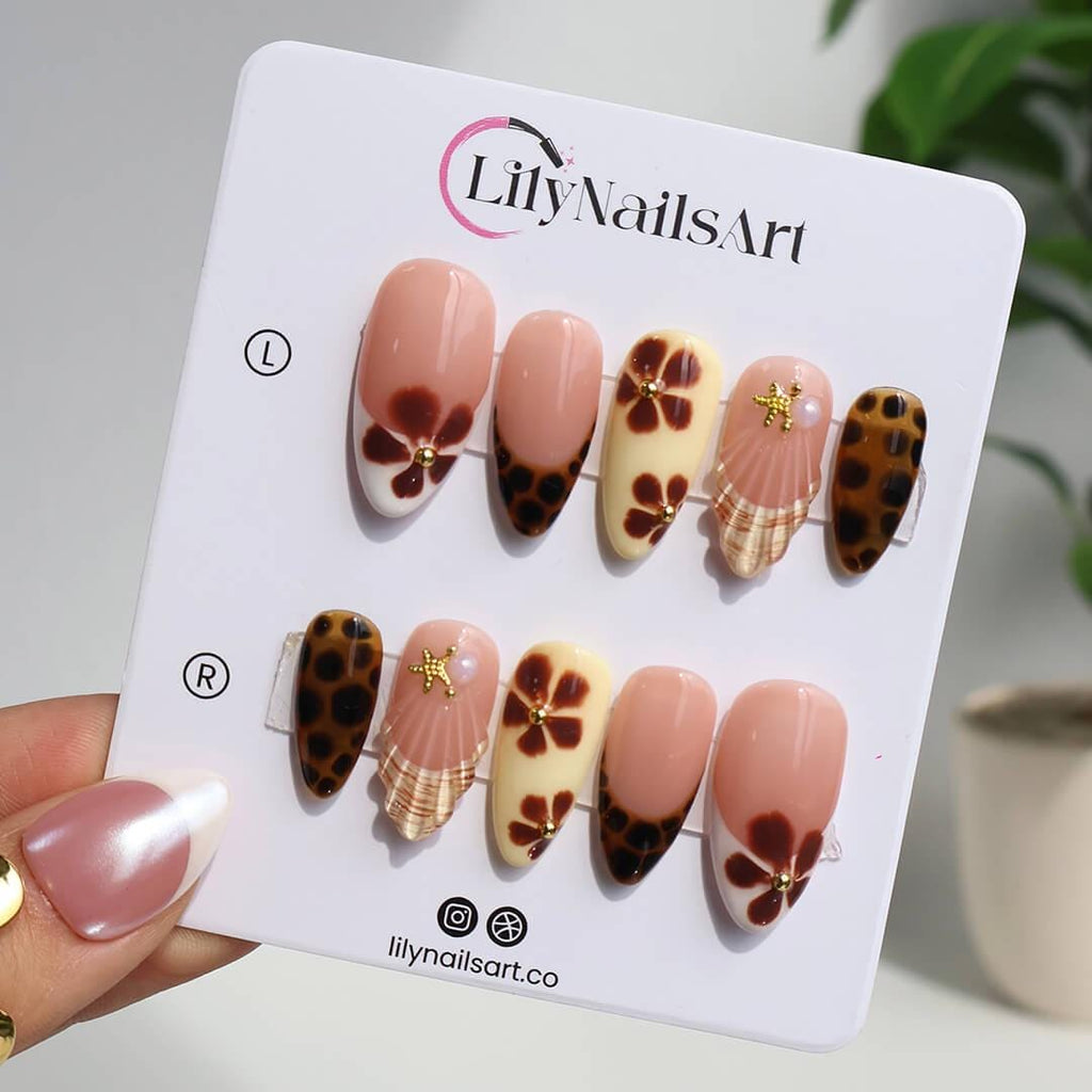 Autumn Press On Nails with Tortoise Shell And Flowers | Fake Nails in Medium Almond | Handmade Nail Art for Fall Looks, Parties & Gifts
