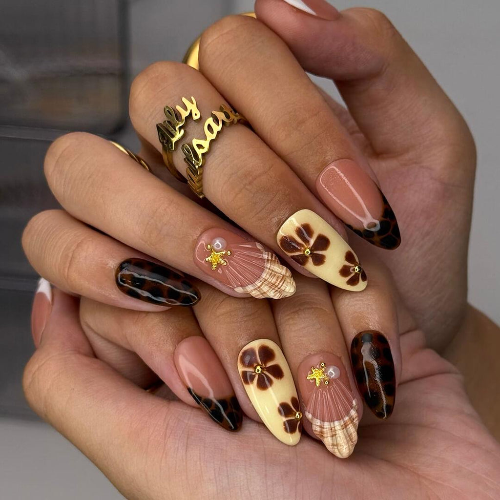 Autumn Press On Nails with Tortoise Shell And Flowers | Fake Nails in Medium Almond | Handmade Nail Art for Fall Looks, Parties & Gifts