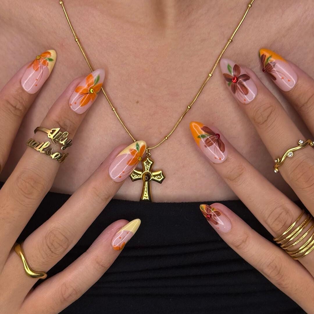 Autumn Press On Nails with Orange & Brown Flowers | Floral Fake Nails in Medium Almond | Handmade Nail Art for Fall Looks, Parties Or Gifts
