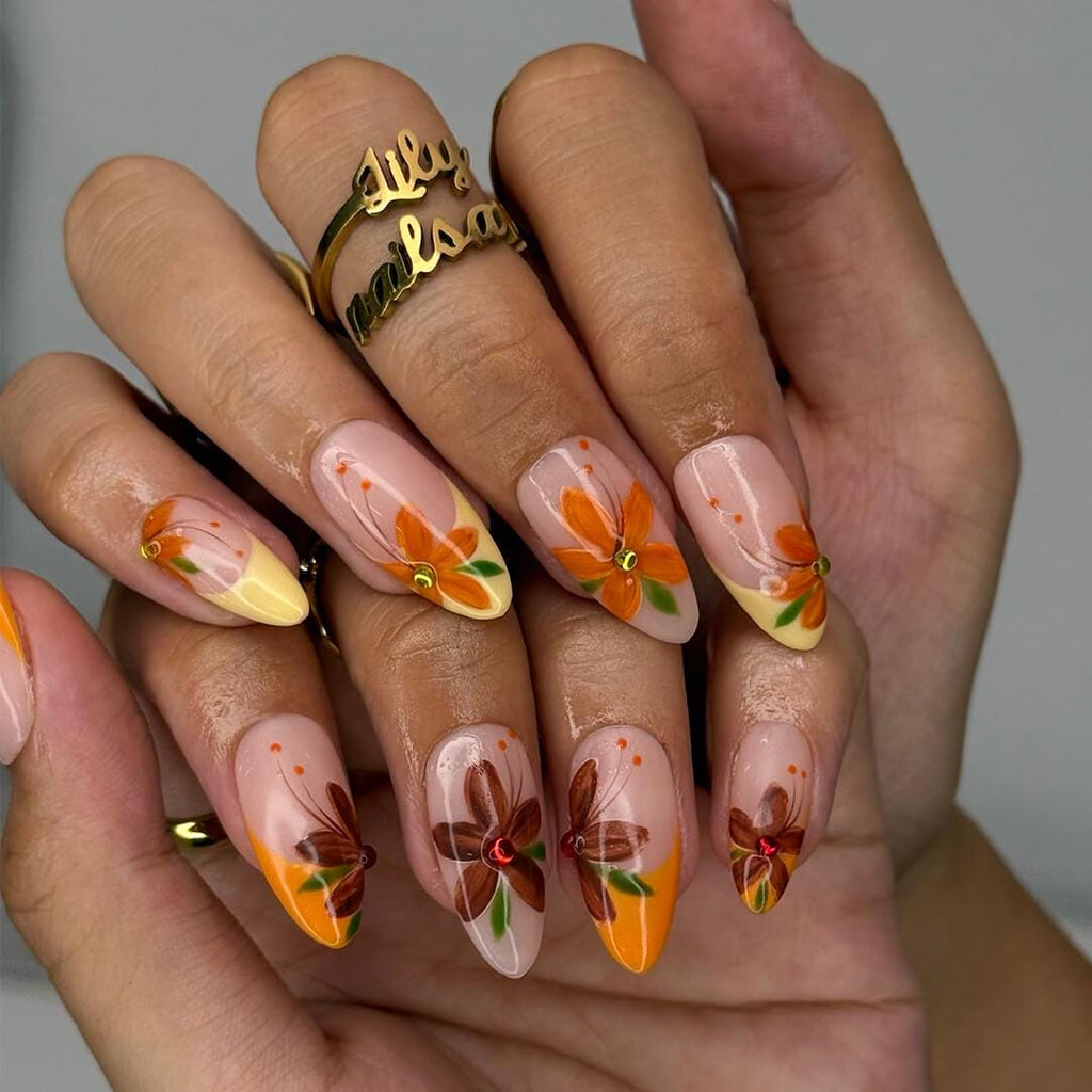 Autumn Press On Nails with Orange & Brown Flowers | Floral Fake Nails in Medium Almond | Handmade Nail Art for Fall Looks, Parties Or Gifts