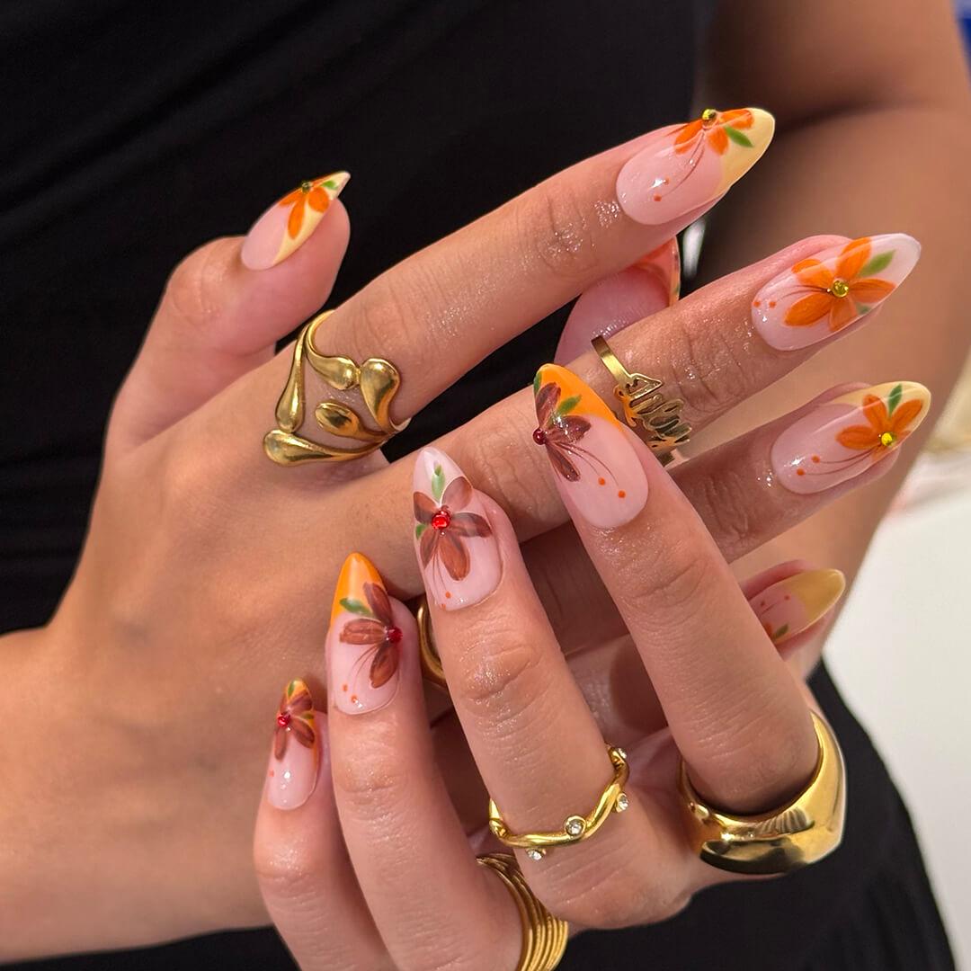 Autumn Press On Nails with Orange & Brown Flowers | Floral Fake Nails in Medium Almond | Handmade Nail Art for Fall Looks, Parties Or Gifts