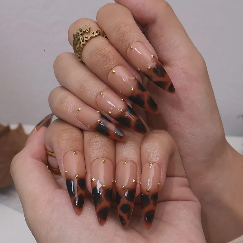 Tertoise Brown Leopard French Tip On Milky White Long Stiletto Press On Nails, Gold Diamond Luxury Acrylic Fake Nail Art, Autum Nails