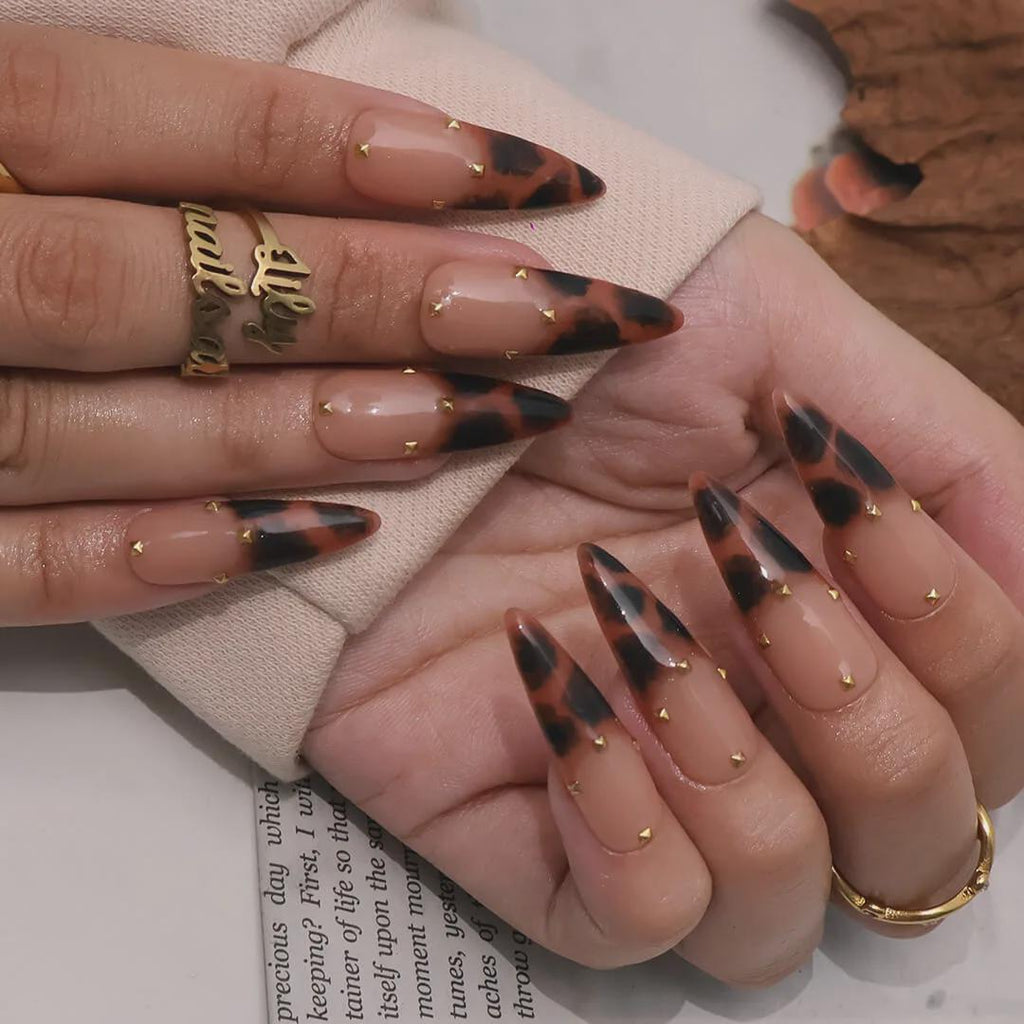 Tertoise Brown Leopard French Tip On Milky White Long Stiletto Press On Nails, Gold Diamond Luxury Acrylic Fake Nail Art, Autum Nails