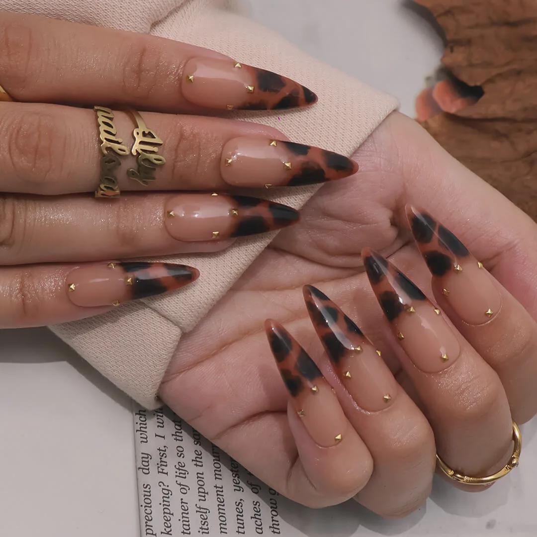Tertoise Brown Leopard French Tip On Milky White Long Stiletto Press On Nails, Gold Diamond Luxury Acrylic Fake Nail Art, Autum Nails