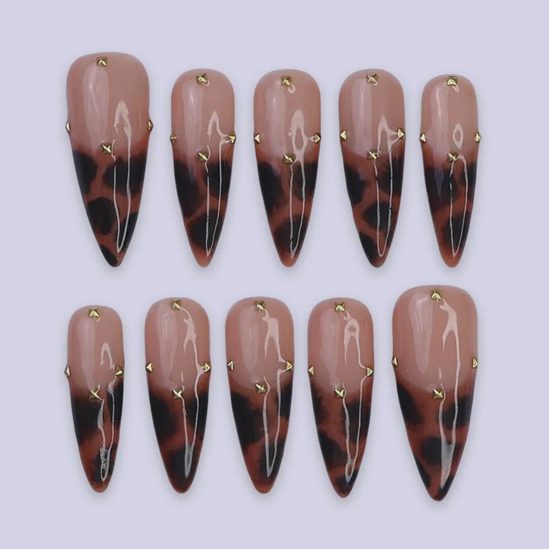 Tertoise Brown Leopard French Tip On Milky White Long Stiletto Press On Nails, Gold Diamond Luxury Acrylic Fake Nail Art, Autum Nails