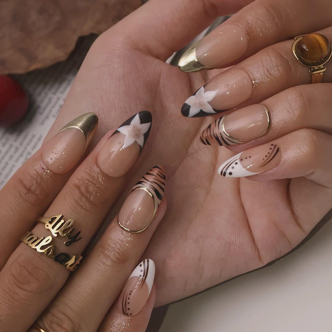 Autumn Press On Nails with Tortoiseshell, Gold Tips & Floral | Nude Fake Nails in Medium Almond | Handmade Nail Art for Everyday Looks