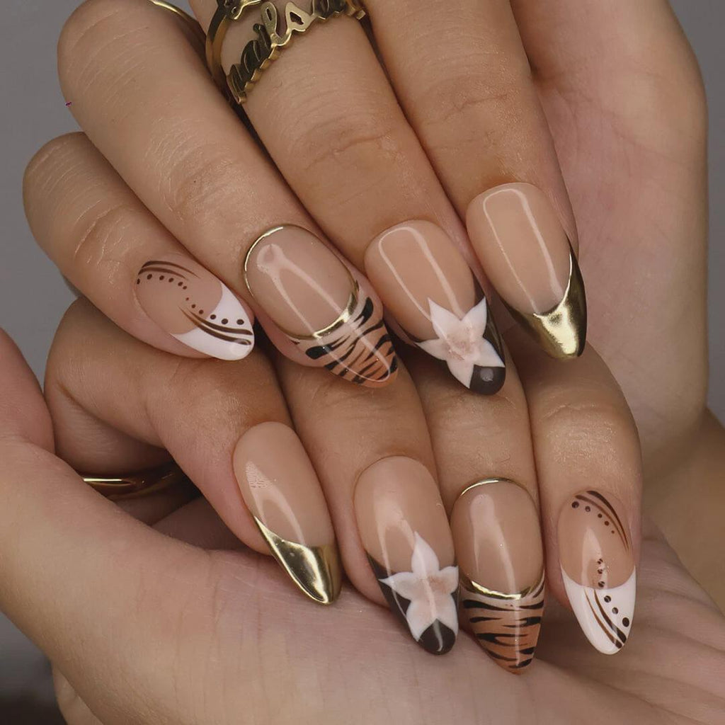 Autumn Press On Nails with Tortoiseshell, Gold Tips & Floral | Nude Fake Nails in Medium Almond | Handmade Nail Art for Everyday Looks