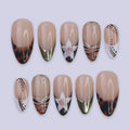Autumn Press On Nails with Tortoiseshell, Gold Tips & Floral | Nude Fake Nails in Medium Almond | Handmade Nail Art for Everyday Looks