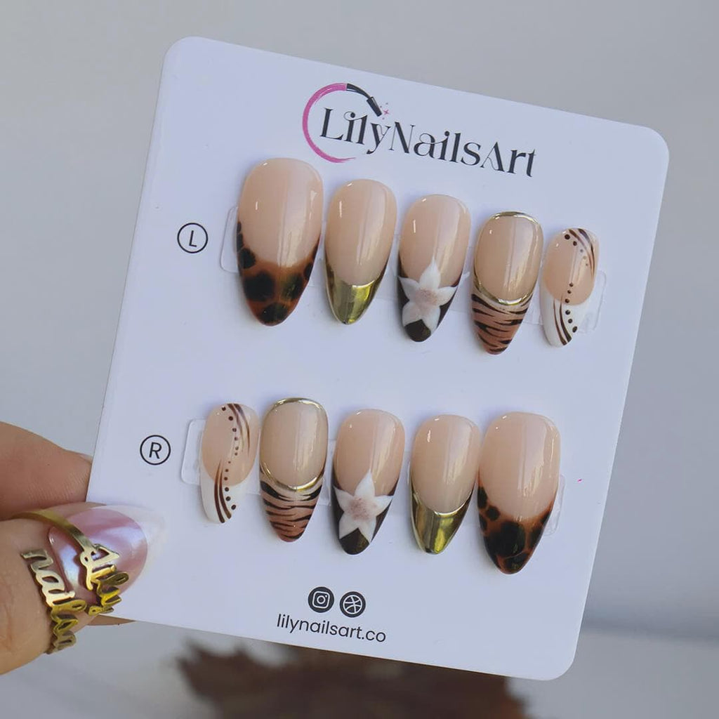 Autumn Press On Nails with Tortoiseshell, Gold Tips & Floral | Nude Fake Nails in Medium Almond | Handmade Nail Art for Everyday Looks