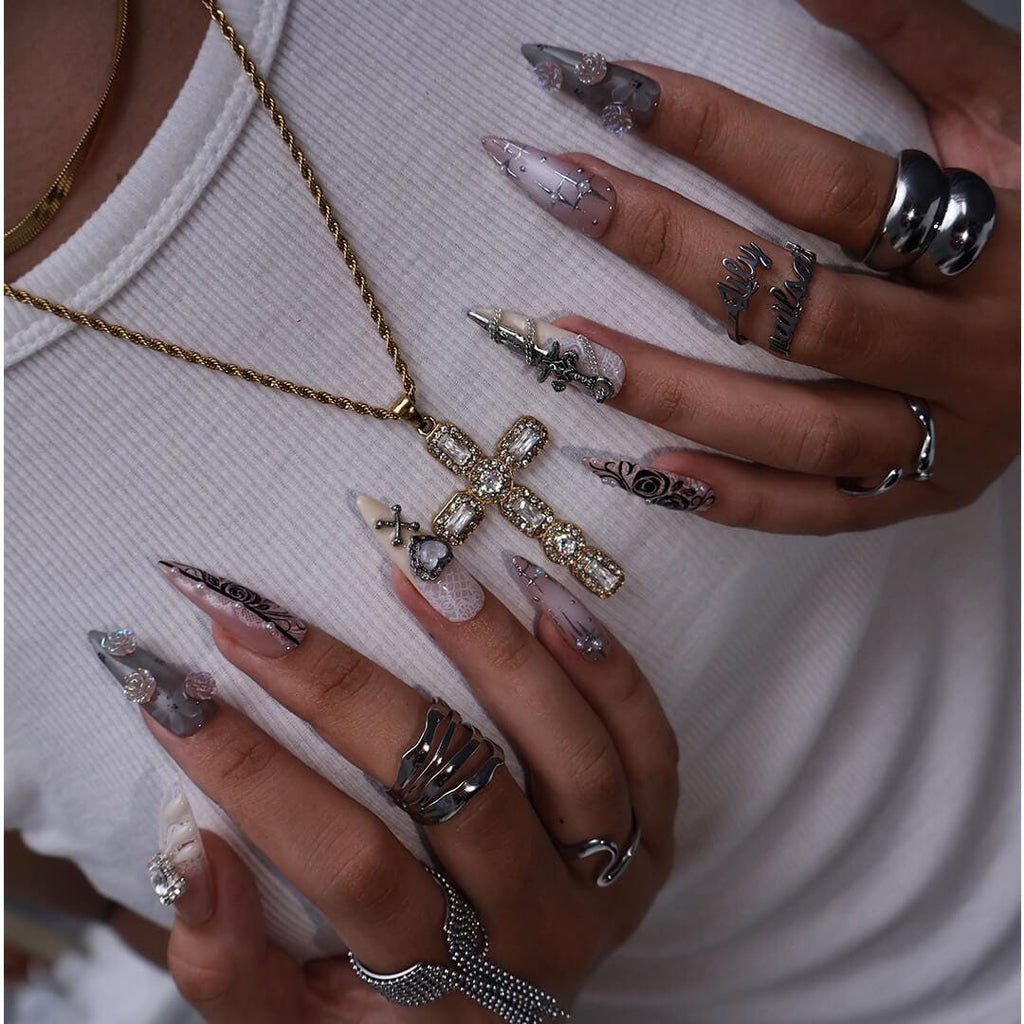 Halloween Gothic Press On Nails With Cross, Sword & Rose | Fake Nails in Long Almond | Spooky Handmade Nail Art for Parties, Costumes