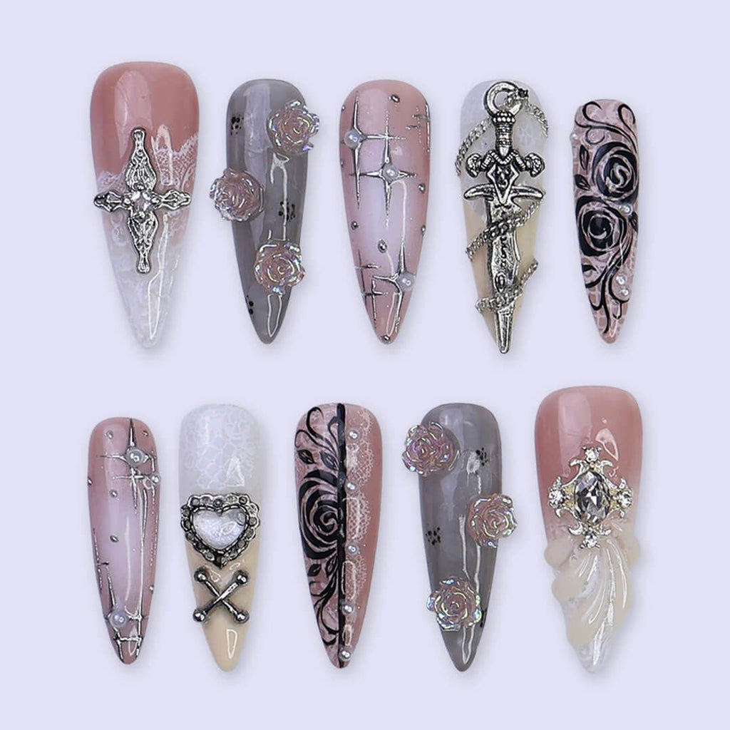 Halloween Gothic Press On Nails With Cross, Sword & Rose | Fake Nails in Long Almond | Spooky Handmade Nail Art for Parties, Costumes