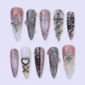 Halloween Gothic Press On Nails With Cross, Sword & Rose | Fake Nails in Long Almond | Spooky Handmade Nail Art for Parties, Costumes