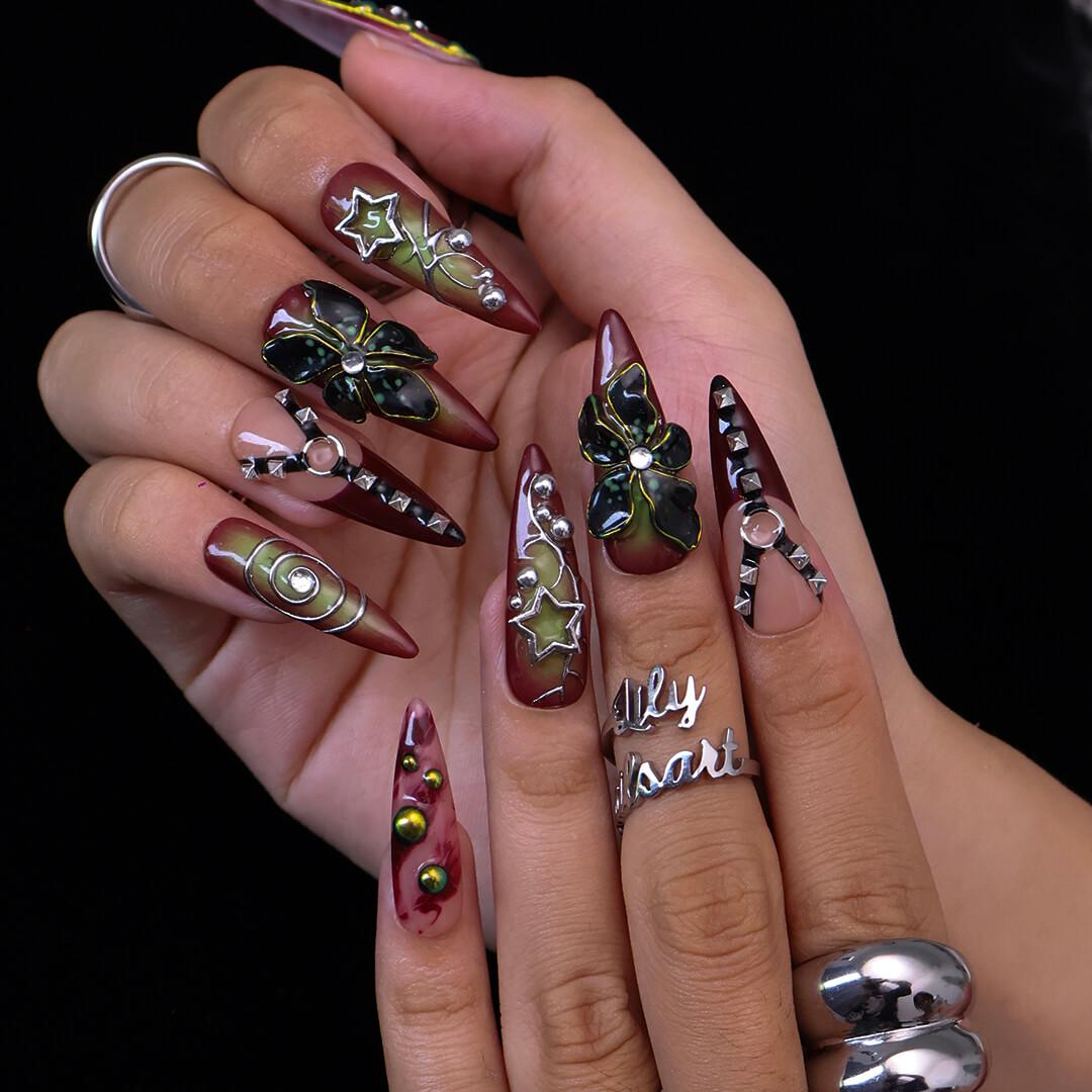 Halloween Gothic Press On Nails With Cross, Stars, Flowers | Studs Fake Nails in Long Almond | Spooky Handmade Nail Art for Party, Costumes