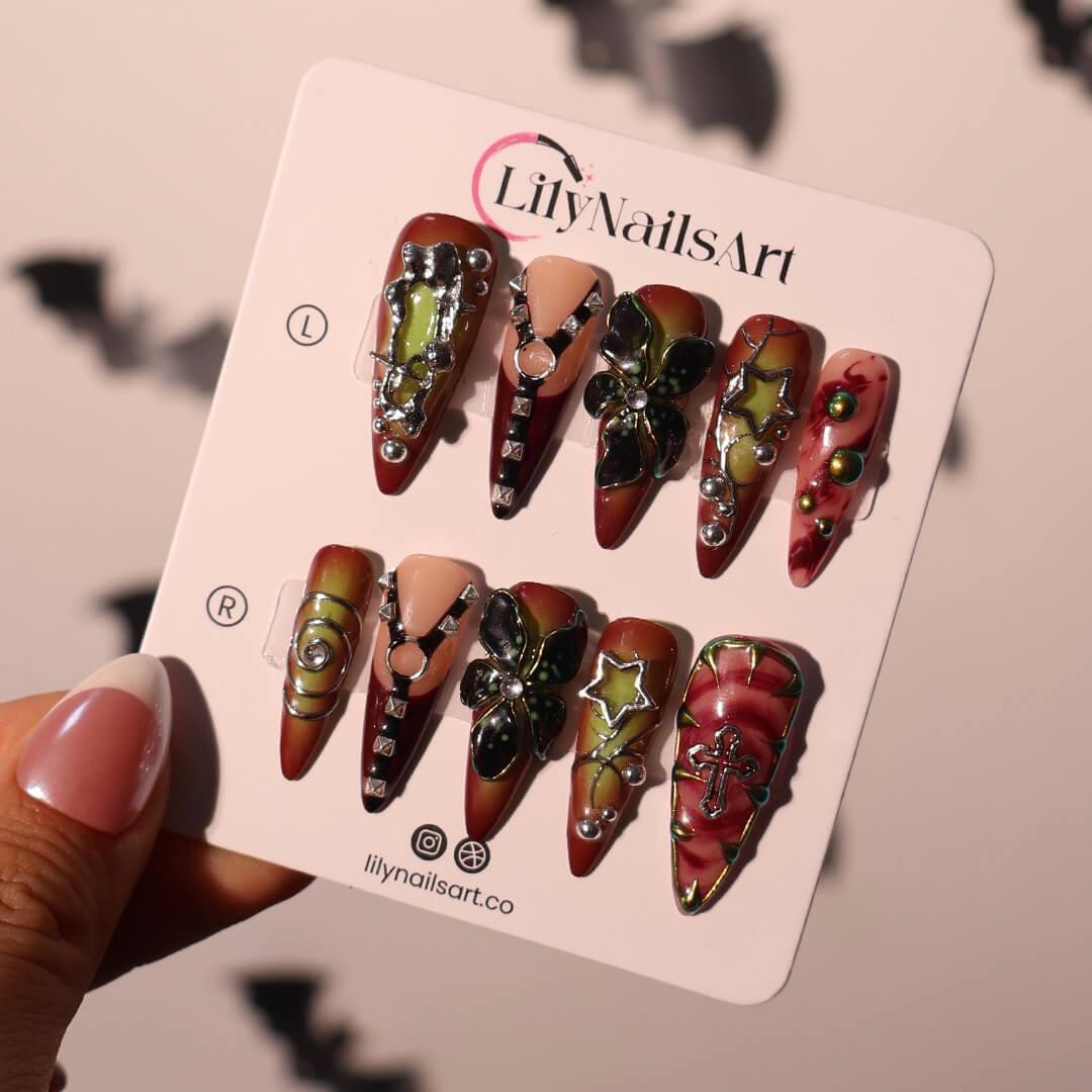 Halloween Gothic Press On Nails With Cross, Stars, Flowers | Studs Fake Nails in Long Almond | Spooky Handmade Nail Art for Party, Costumes