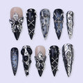 Halloween Press On Nails With Stud & Metal Flower | Fake Nails in Long Stiletto | Black And Silver Handmade Nail Art for Parties, Costumes