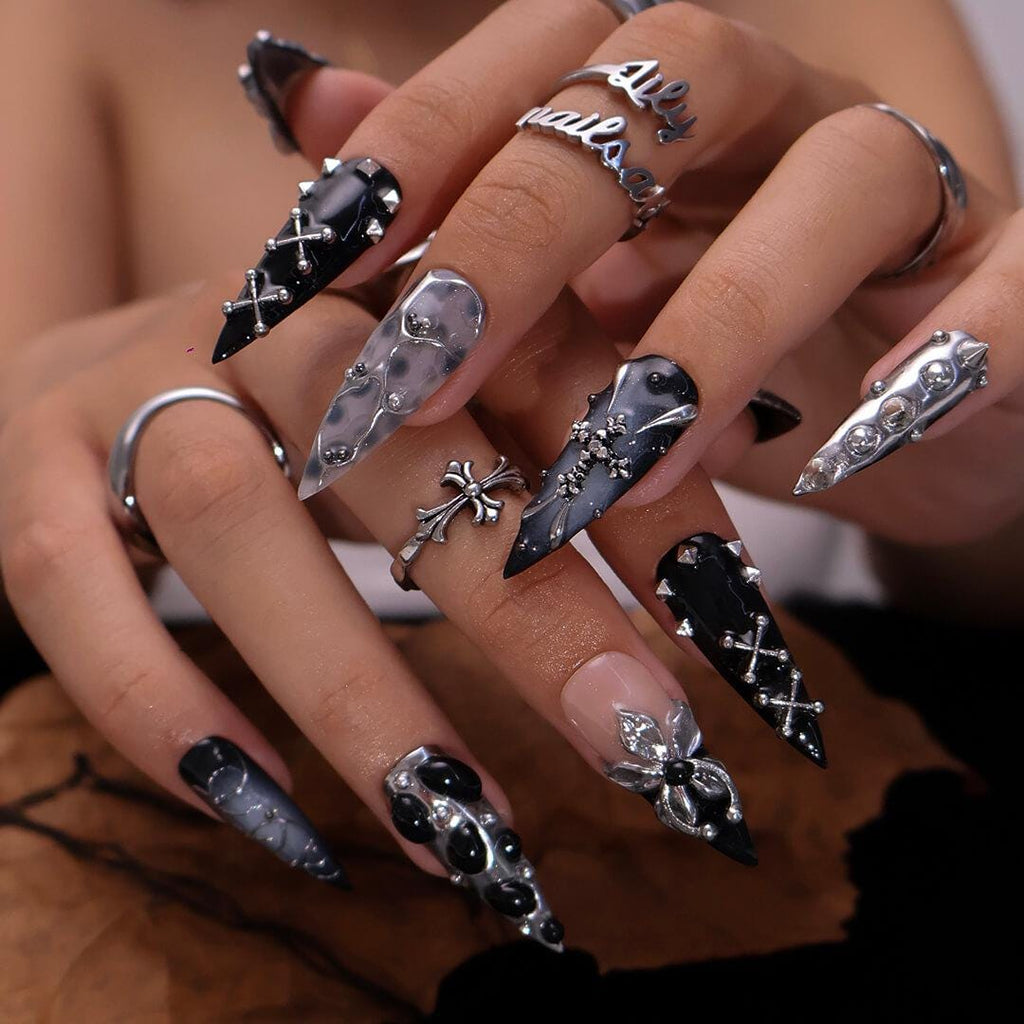 Halloween Press On Nails With Stud & Metal Flower | Fake Nails in Long Stiletto | Black And Silver Handmade Nail Art for Parties, Costumes