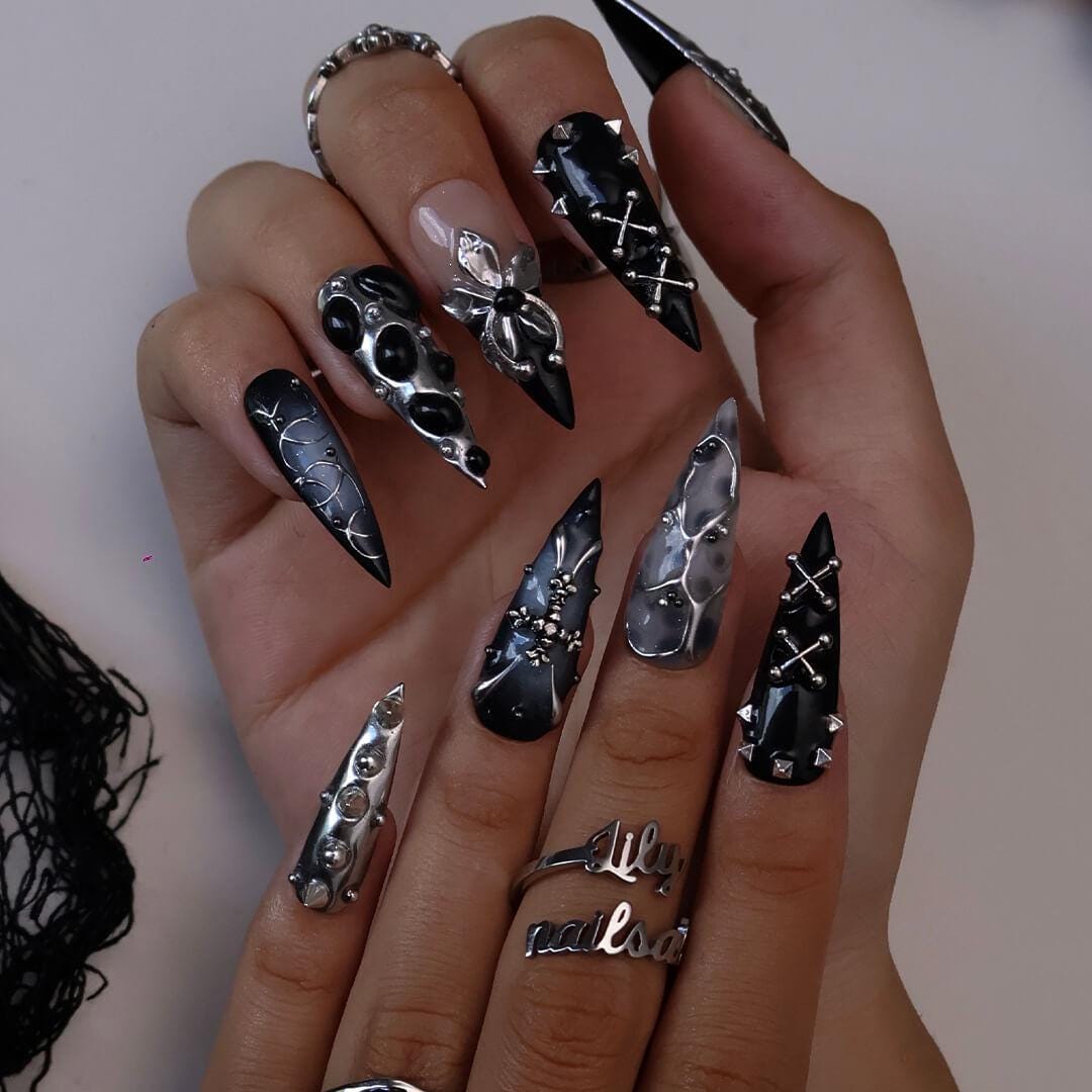 Halloween Press On Nails With Stud & Metal Flower | Fake Nails in Long Stiletto | Black And Silver Handmade Nail Art for Parties, Costumes