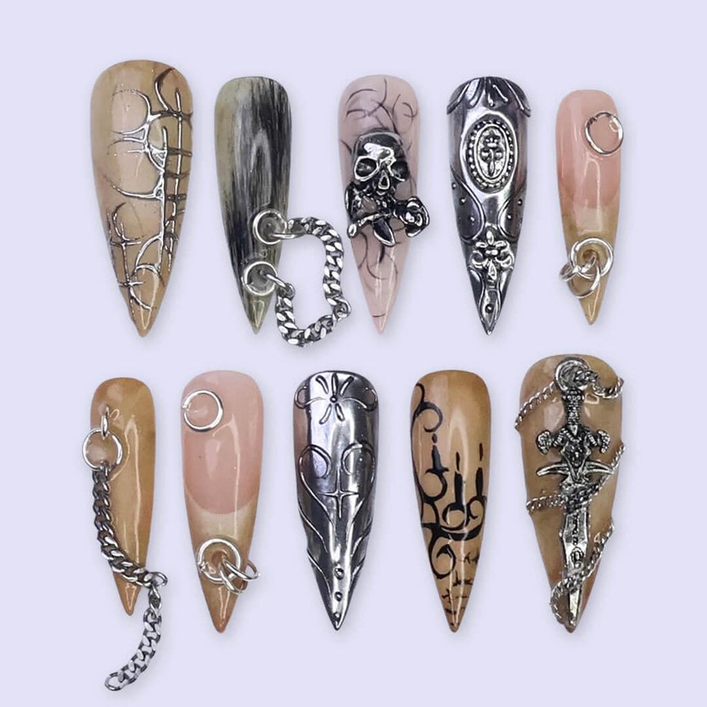 Halloween Gothic Press On Nails With Chains, Skull & Sword | Long Stiletto Fake Nails | Spooky Handmade 3D Nail Art for Parties, Costumes