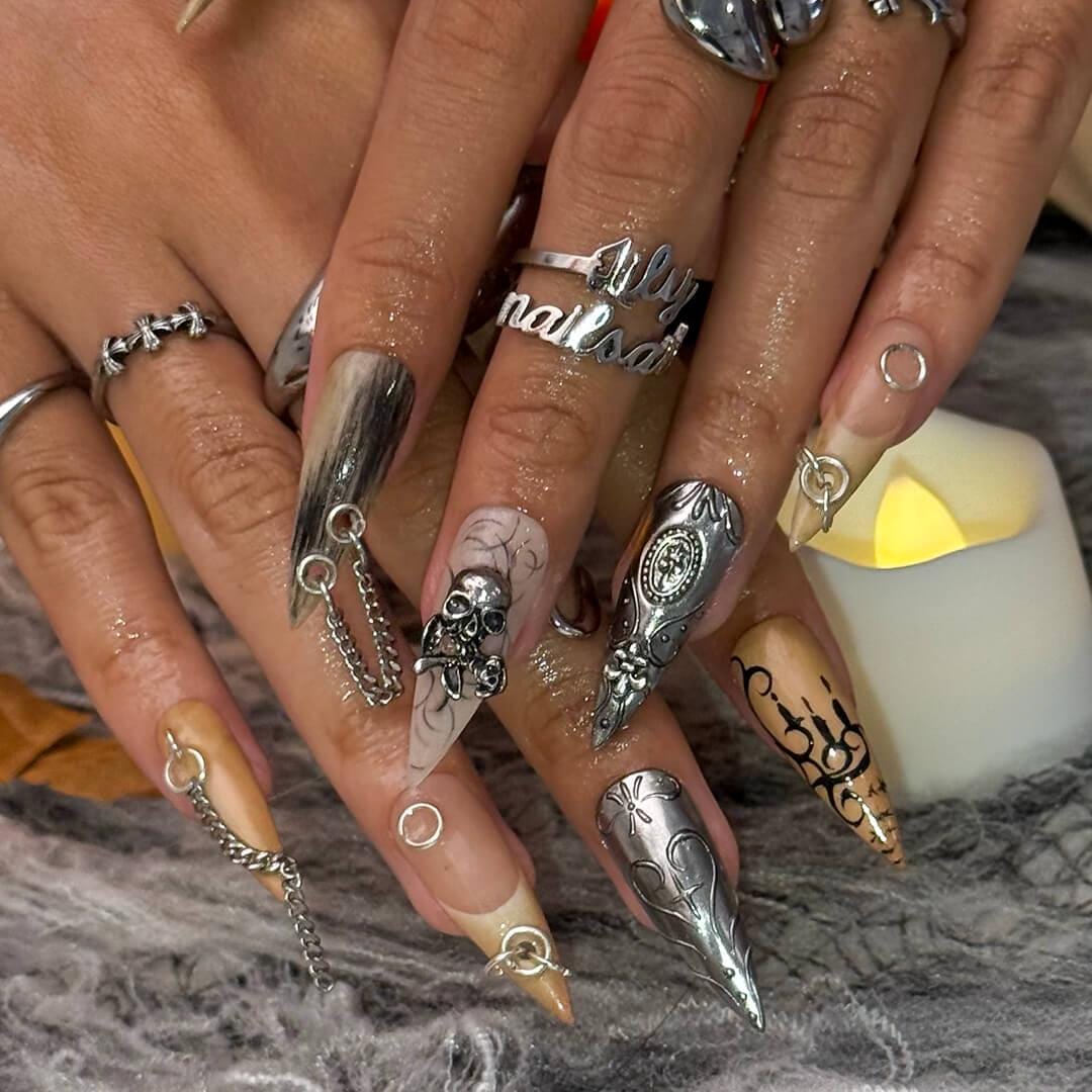 Halloween Gothic Press On Nails With Chains, Skull & Sword | Long Stiletto Fake Nails | Spooky Handmade 3D Nail Art for Parties, Costumes