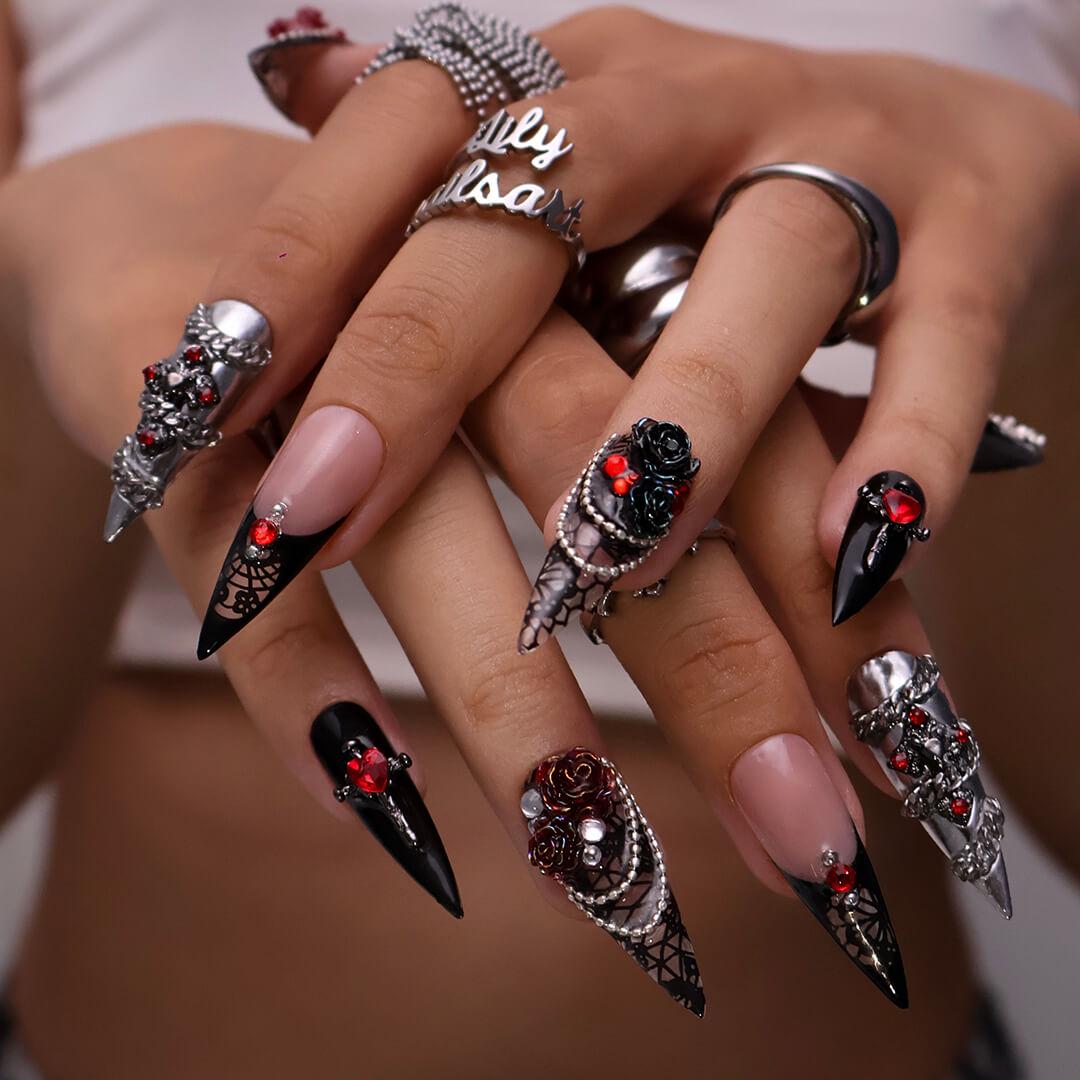 Halloween Gothic Press On Nails With Stained Glass & Red Rose | Long Stiletto Fake Nail | Spooky Handmade 3D Nail Art for Parties, Costumes