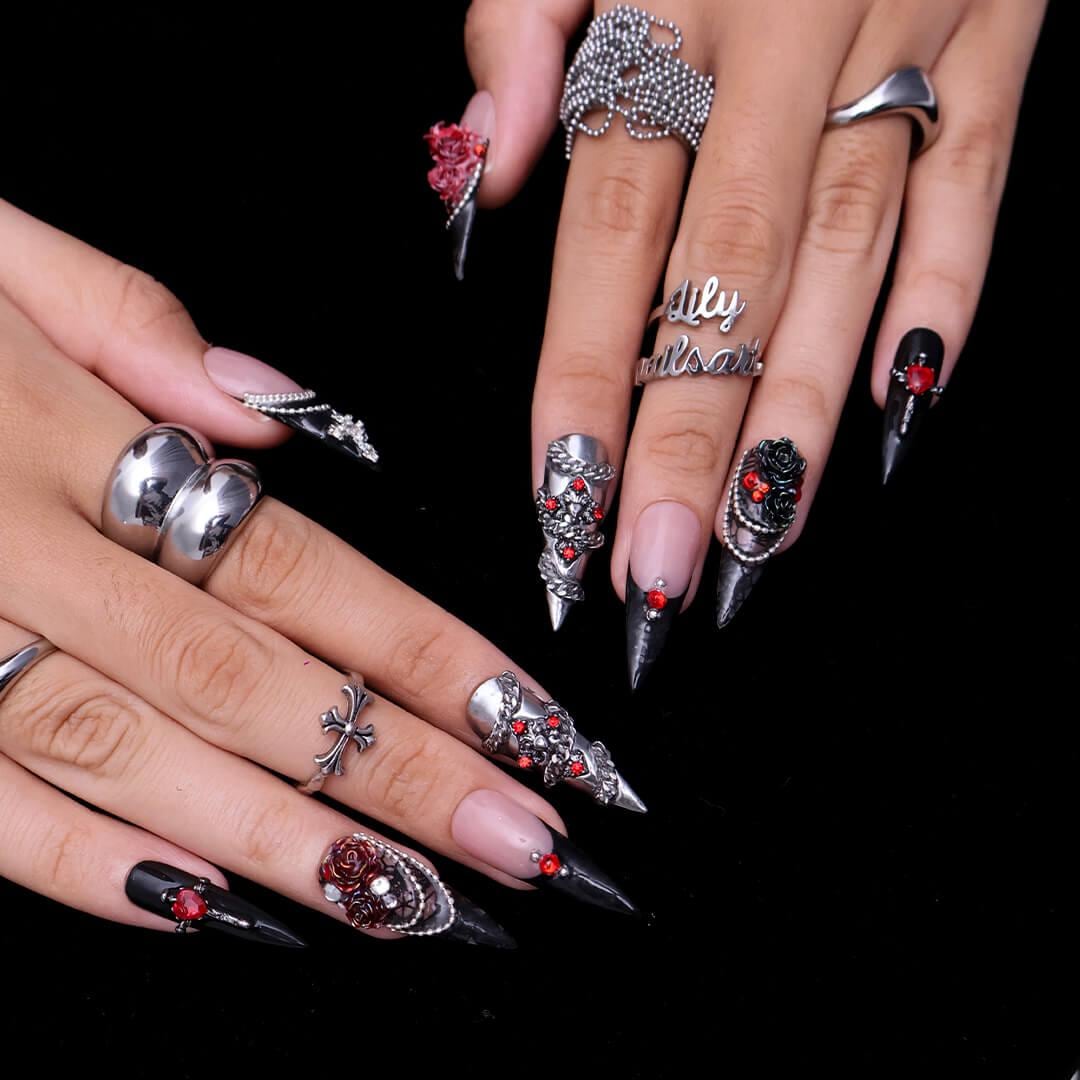 Halloween Gothic Press On Nails With Stained Glass & Red Rose | Long Stiletto Fake Nail | Spooky Handmade 3D Nail Art for Parties, Costumes