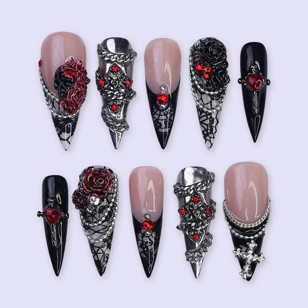 Halloween Gothic Press On Nails With Stained Glass & Red Rose | Long Stiletto Fake Nail | Spooky Handmade 3D Nail Art for Parties, Costumes