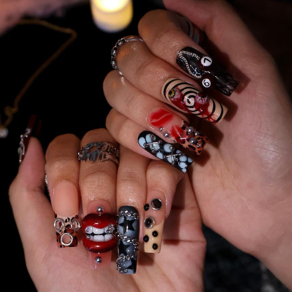 Halloween Gothic Press On Nails With Lips, Chains & Cross | Long Square Fake Nails with Eyeball | Handmade Nail Art for Parties, Costumes