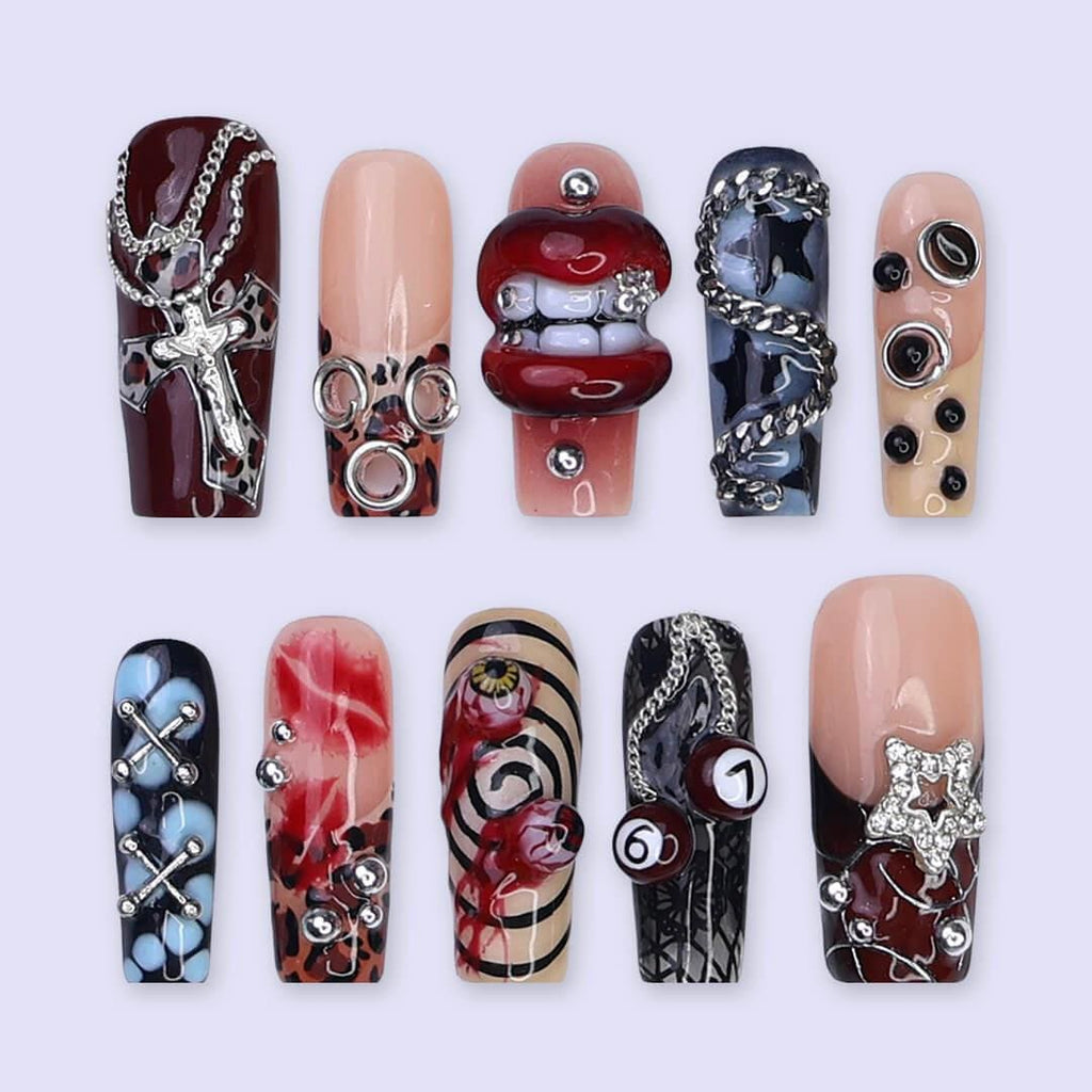 Halloween Gothic Press On Nails With Lips, Chains & Cross | Long Square Fake Nails with Eyeball | Handmade Nail Art for Parties, Costumes