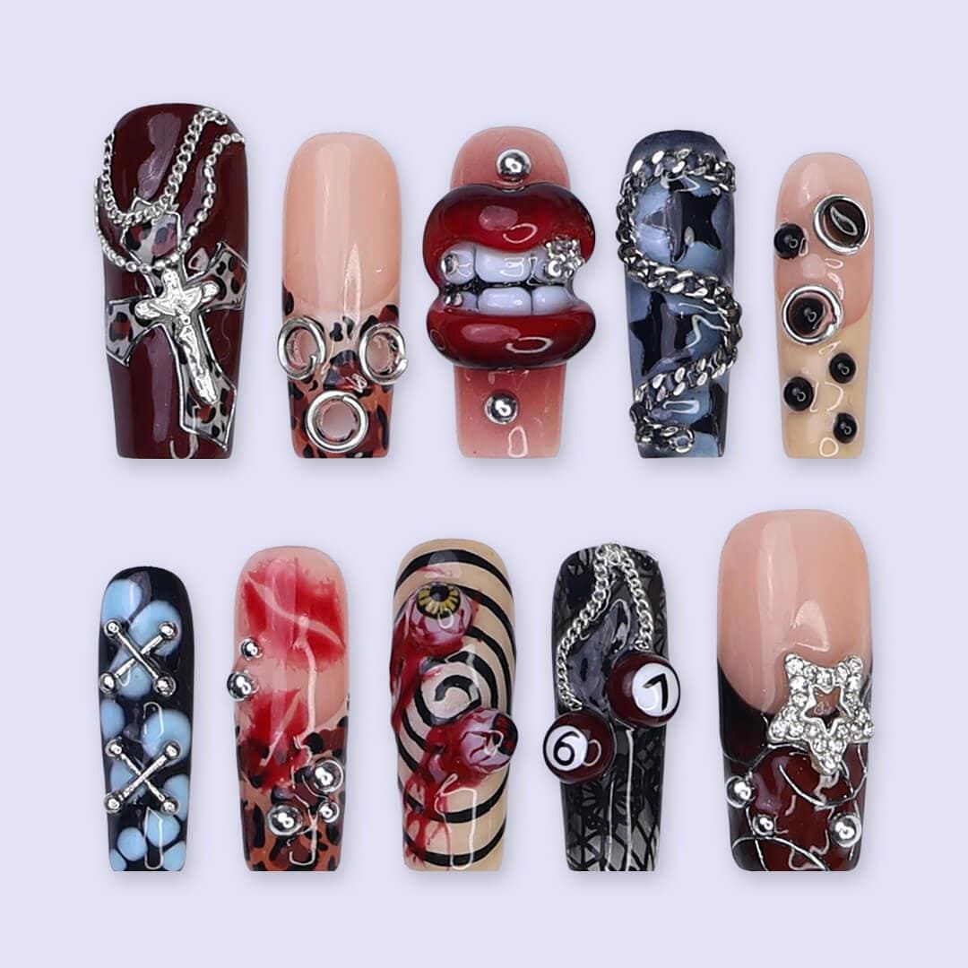 Halloween Gothic Press On Nails With Lips, Chains & Cross | Long Square Fake Nails with Eyeball | Handmade Nail Art for Parties, Costumes
