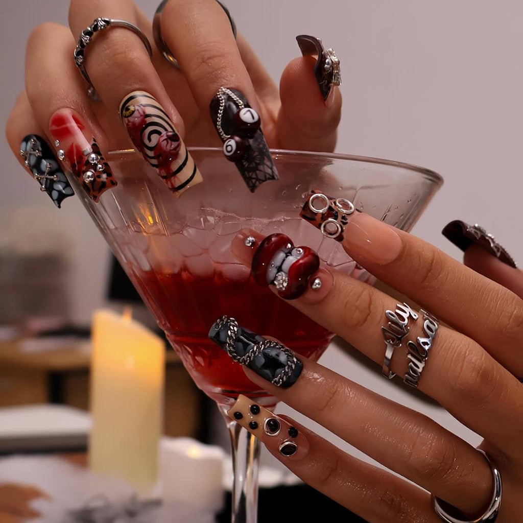 Halloween Gothic Press On Nails With Lips, Chains & Cross | Long Square Fake Nails with Eyeball | Handmade Nail Art for Parties, Costumes