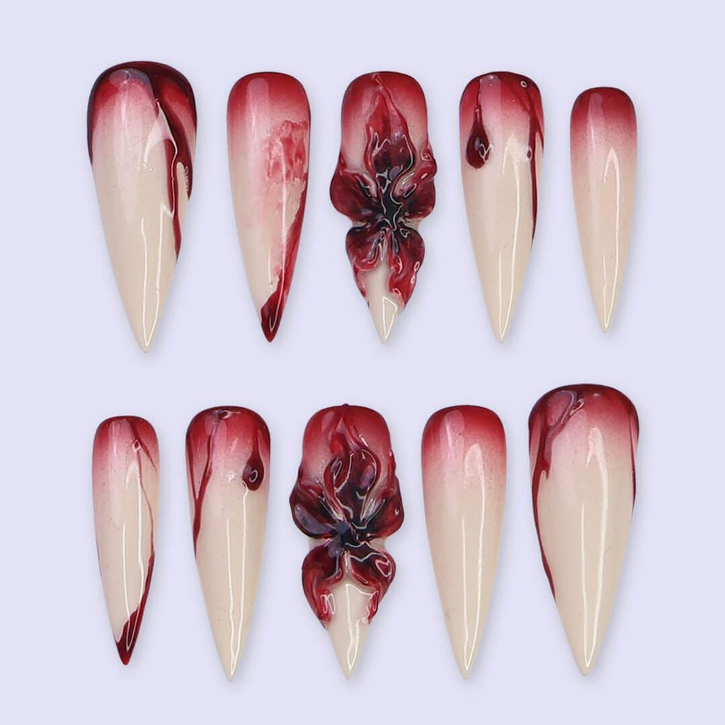 Halloween Blood Drip Press On Nails With 3D Flower | Long Stiletto Fake Nails in Red & Nude | Spooky Handmade Nail Art for Parties, Costumes