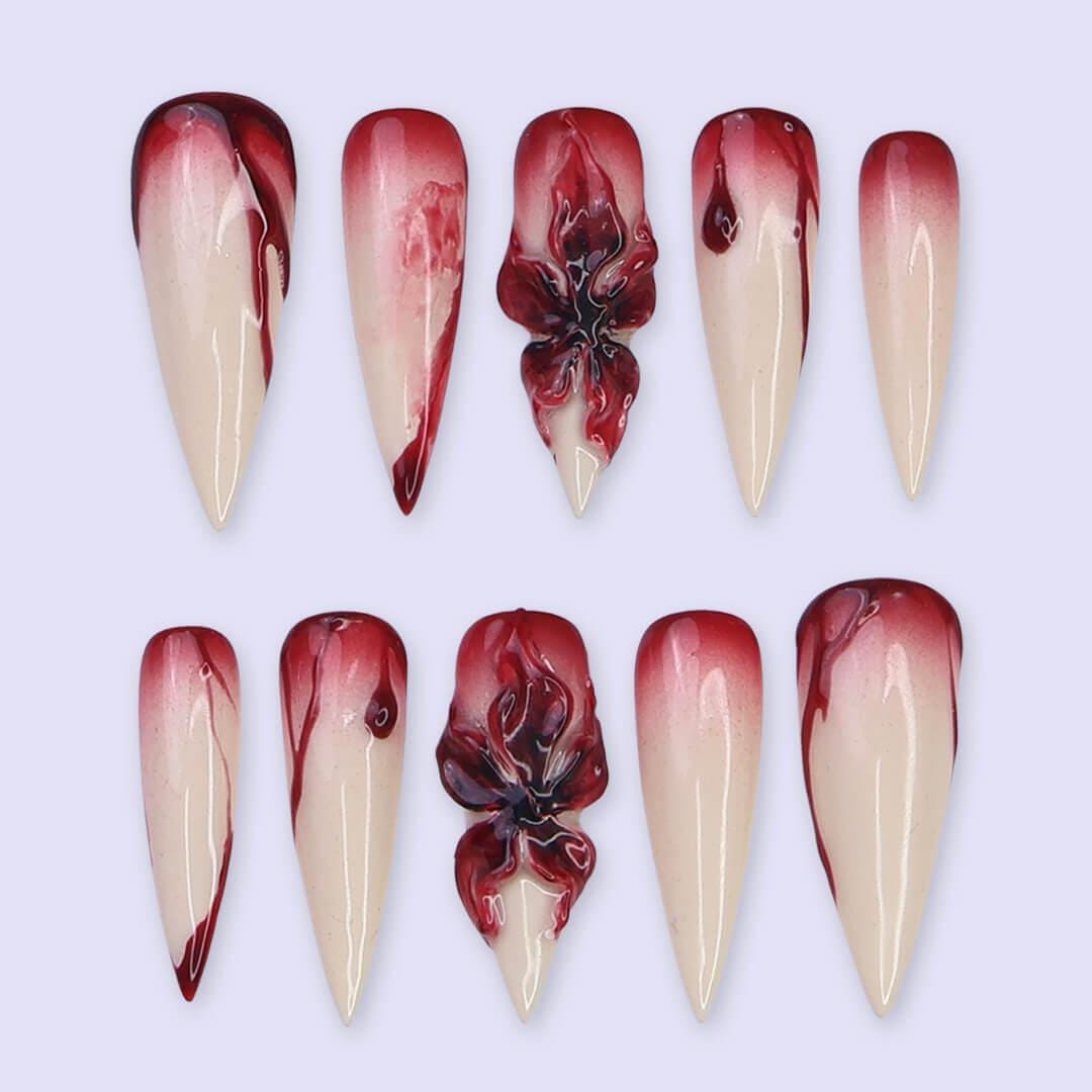 Halloween Blood Drip Press On Nails With 3D Flower | Long Stiletto Fake Nails in Red & Nude | Spooky Handmade Nail Art for Parties, Costumes
