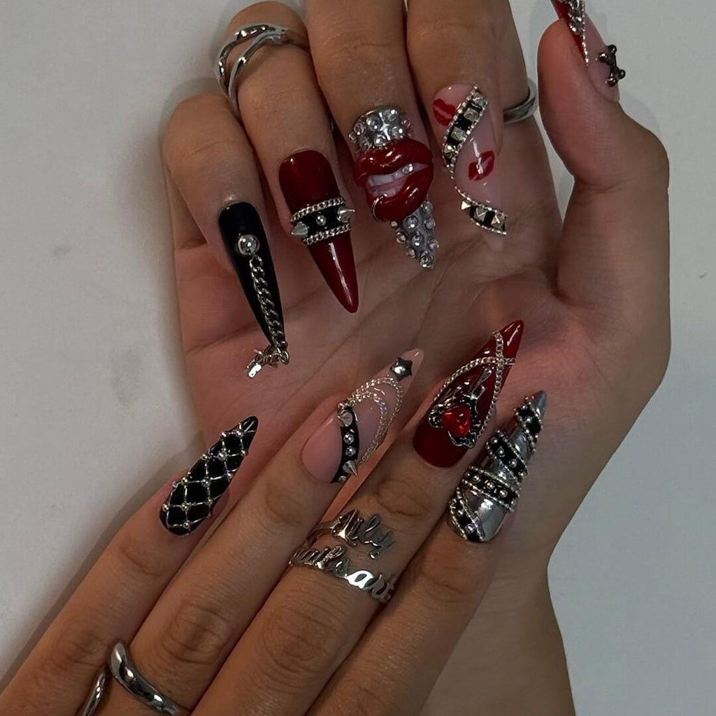 Halloween Gothic Press On Nails With Chains, Lips & Studs | Long Almond Fake Nails | Spooky Handmade 3D Nail Art for Parties, Costumes