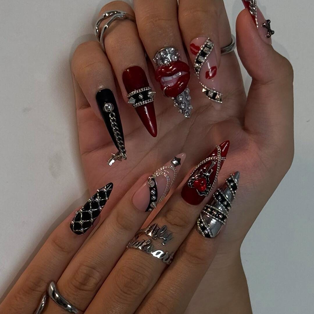 Halloween Gothic Press On Nails With Chains, Lips & Studs | Long Almond Fake Nails | Spooky Handmade 3D Nail Art for Parties, Costumes