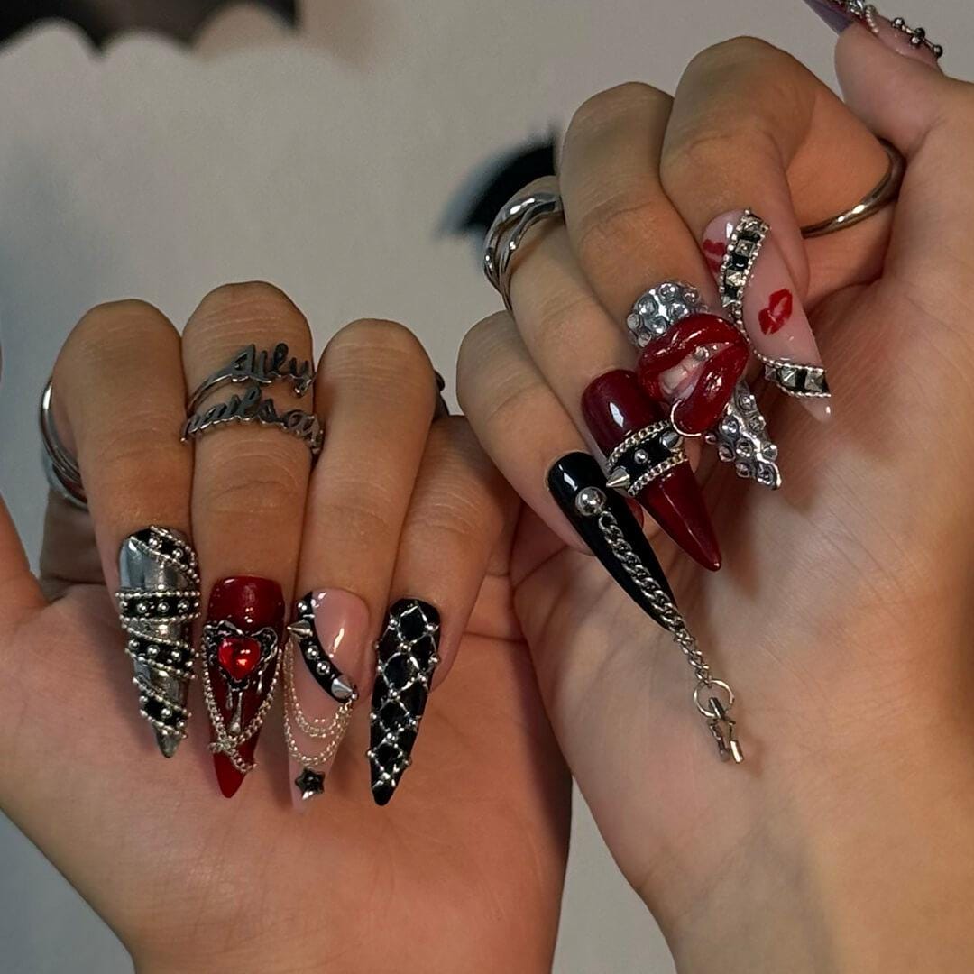 Halloween Gothic Press On Nails With Chains, Lips & Studs | Long Almond Fake Nails | Spooky Handmade 3D Nail Art for Parties, Costumes