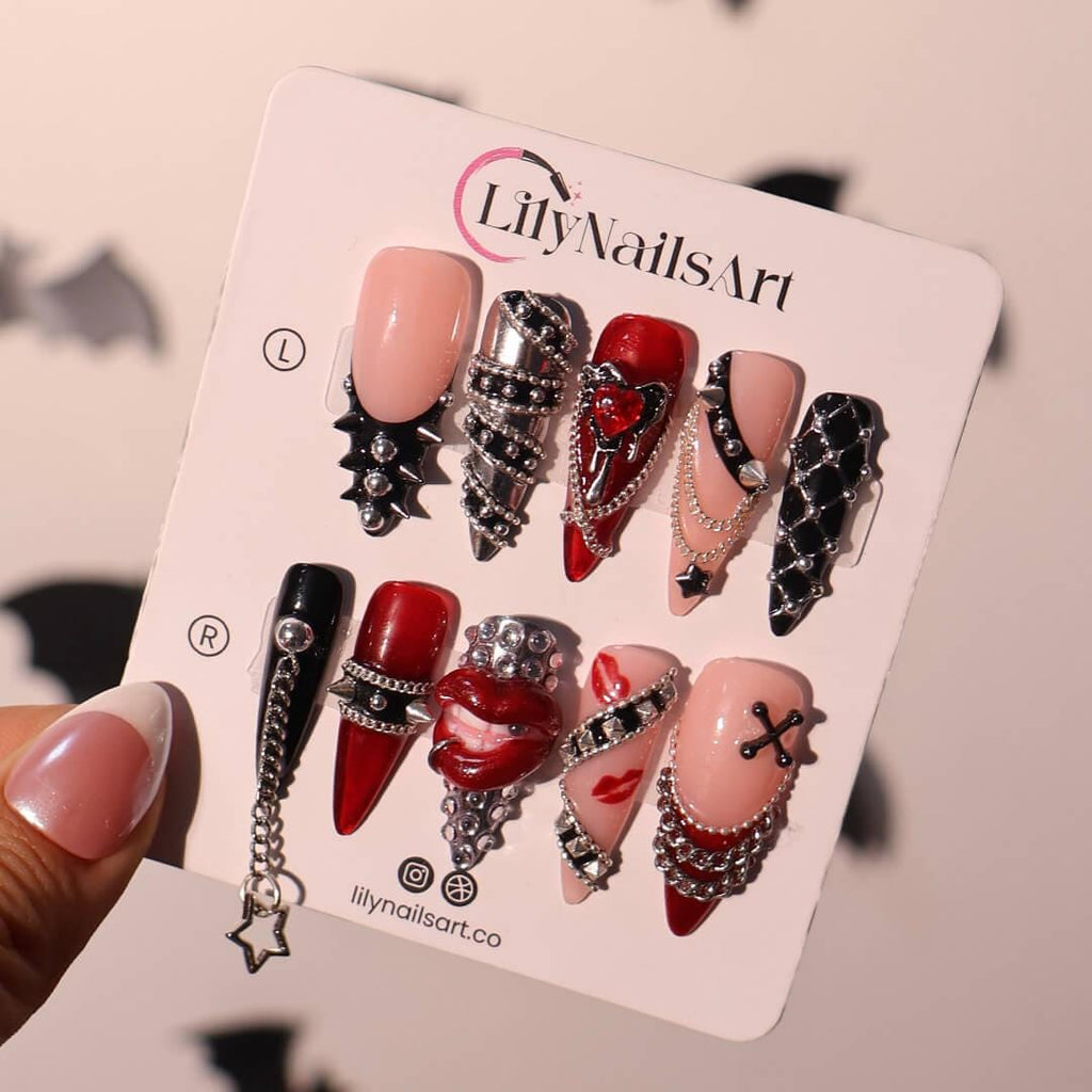 Halloween Gothic Press On Nails With Chains, Lips & Studs | Long Almond Fake Nails | Spooky Handmade 3D Nail Art for Parties, Costumes