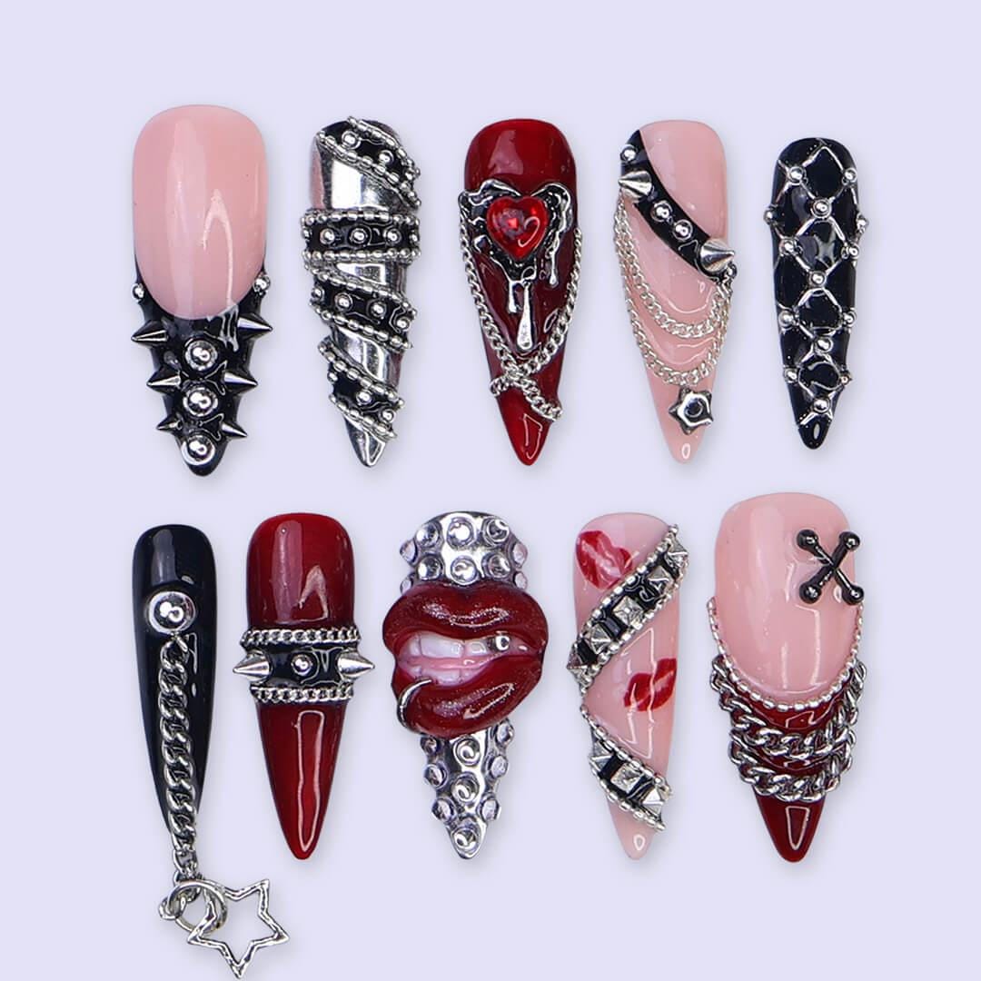 Halloween Gothic Press On Nails With Chains, Lips & Studs | Long Almond Fake Nails | Spooky Handmade 3D Nail Art for Parties, Costumes