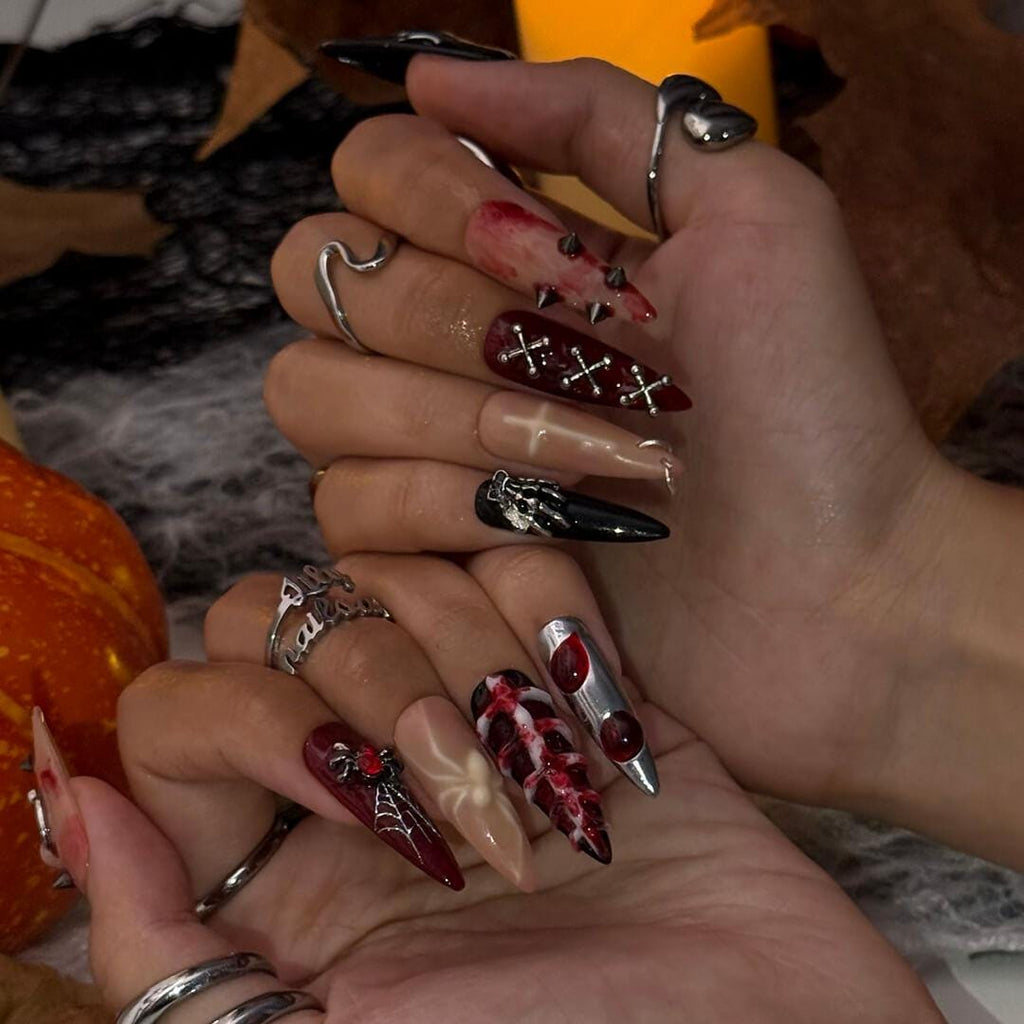 Halloween Gothic Press On Nails With Spider Web, Cross, Spike | Long Almond Fake Nails | Creepy Handmade 3D Nail Art for Parties, Costumes