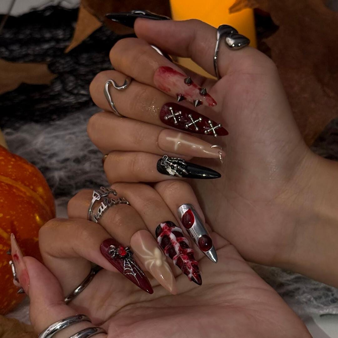 Halloween Gothic Press On Nails With Spider Web, Cross, Spike | Long Almond Fake Nails | Creepy Handmade 3D Nail Art for Parties, Costumes