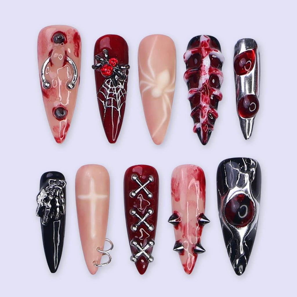 Halloween Gothic Press On Nails With Spider Web, Cross, Spike | Long Almond Fake Nails | Creepy Handmade 3D Nail Art for Parties, Costumes