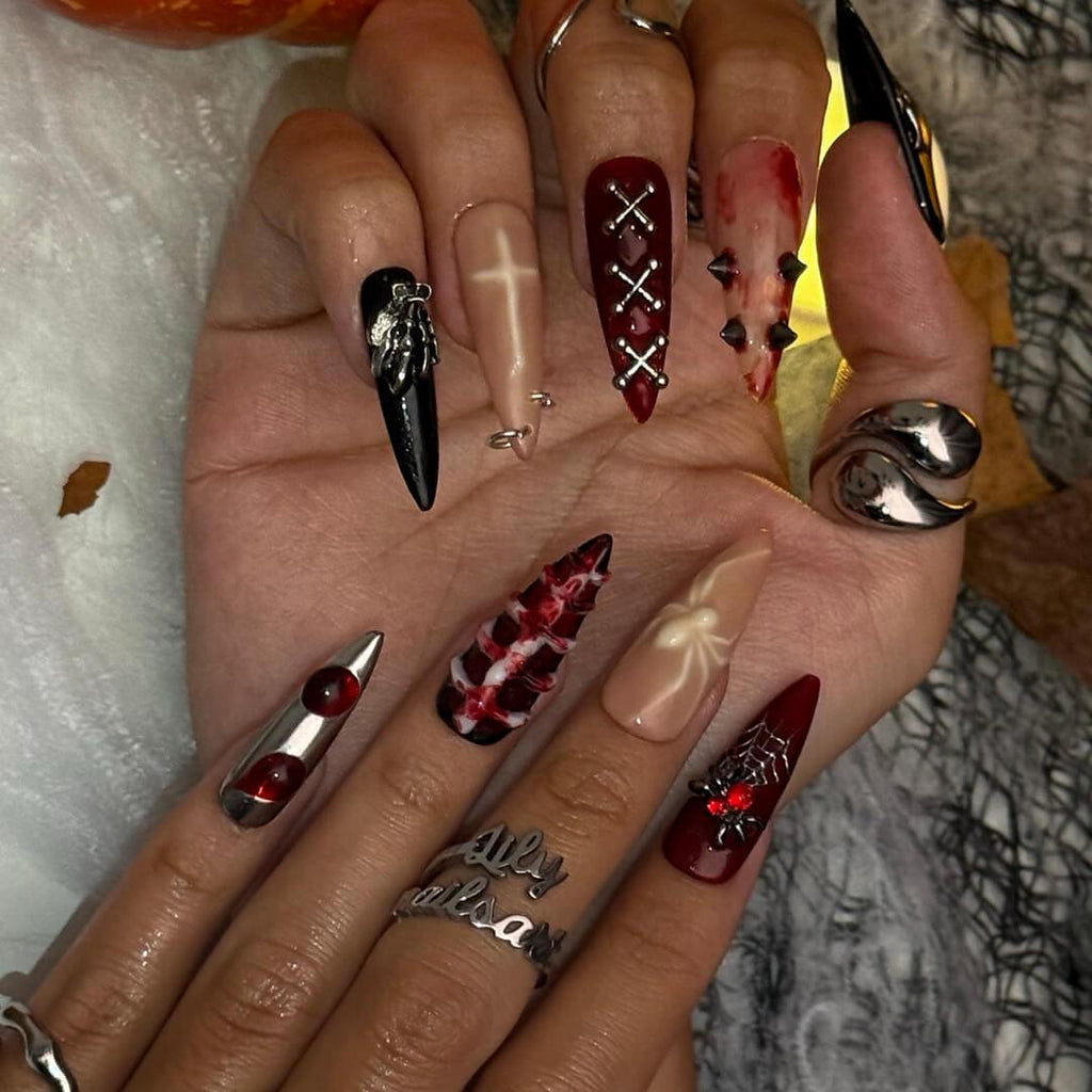 Halloween Gothic Press On Nails With Spider Web, Cross, Spike | Long Almond Fake Nails | Creepy Handmade 3D Nail Art for Parties, Costumes