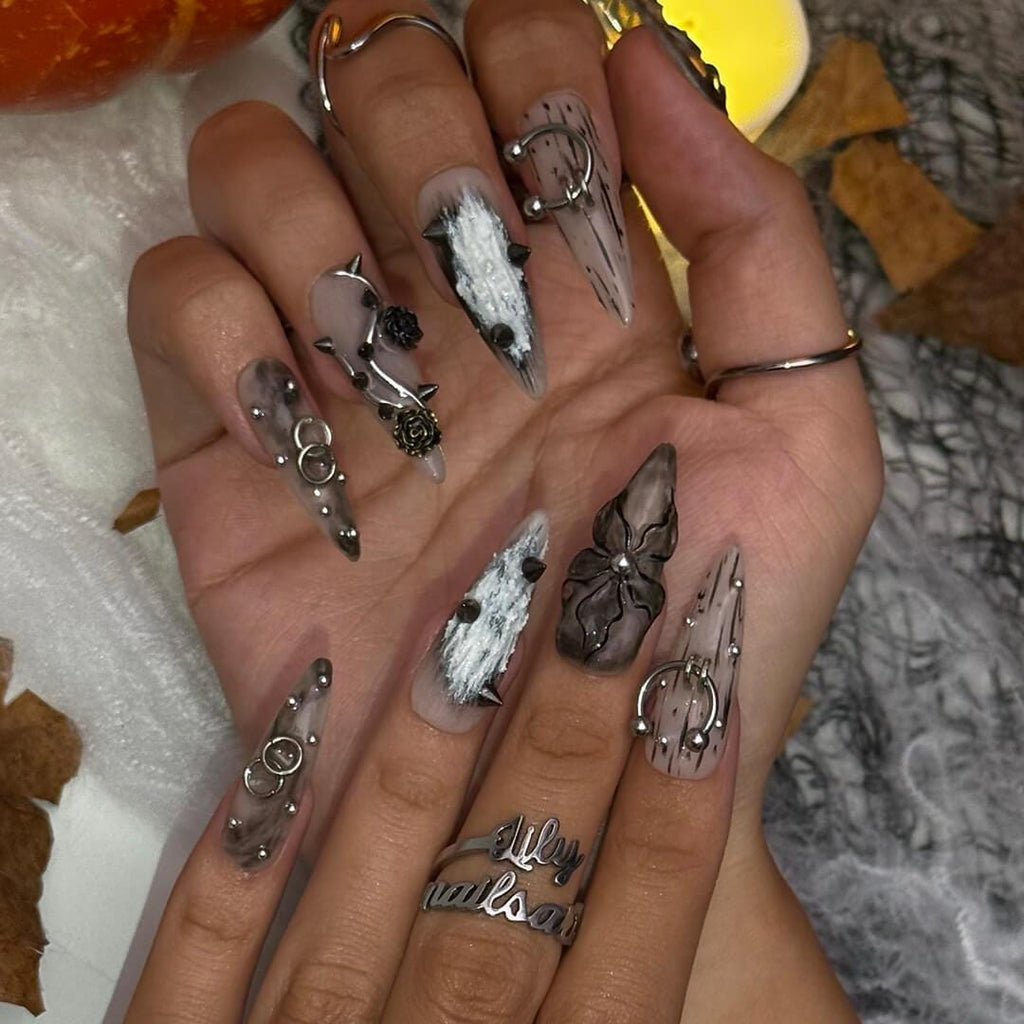 Halloween Gothic Press On Nails With Black Roses And Spikes | Long Almond Fake Nails in Gray & Silver | Spooky Handmade 3D Nail Art