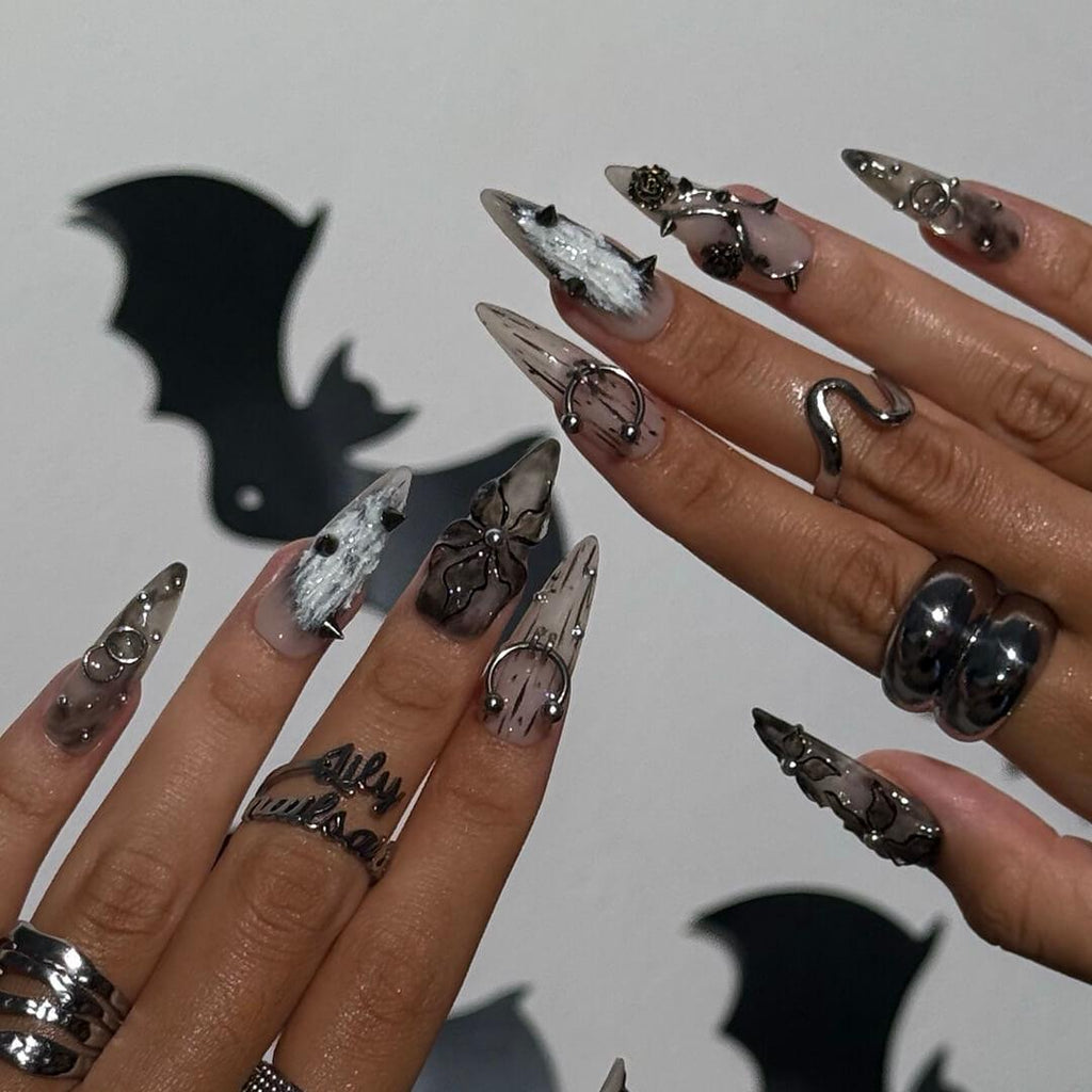 Halloween Gothic Press On Nails With Black Roses And Spikes | Long Almond Fake Nails in Gray & Silver | Spooky Handmade 3D Nail Art