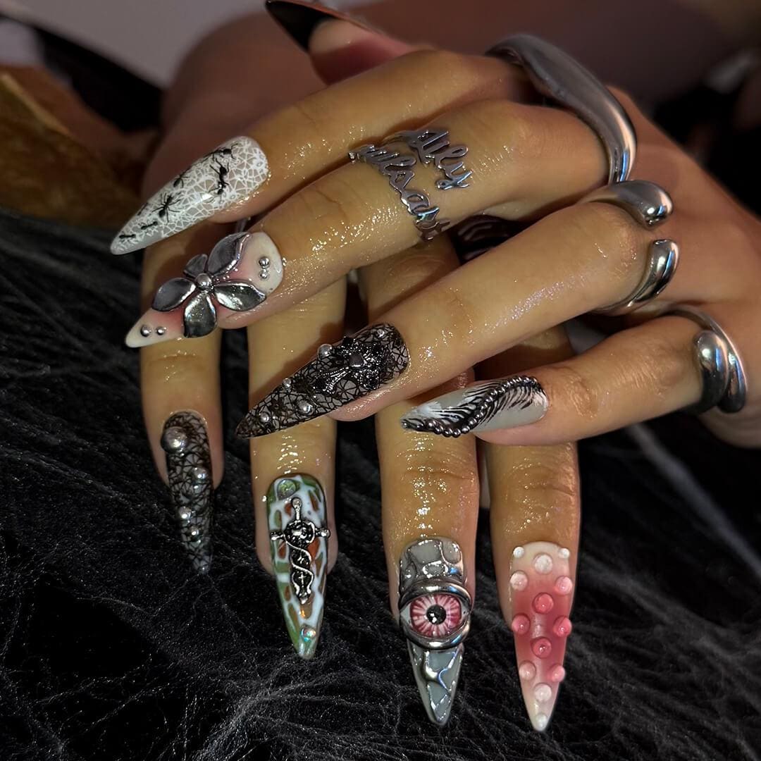Halloween Gothic Press On Nails With Eyeball, Ants & Spider Web | Long Almond Fake Nails | Spooky Handmade 3D Nail Art for Costumes, Parties